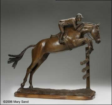 Horse sculpture of a young hunter jumper taking off over a jump.  Sculpture of hunter / jumper is titled Young Hunter and is a bronze limited edition of 15
